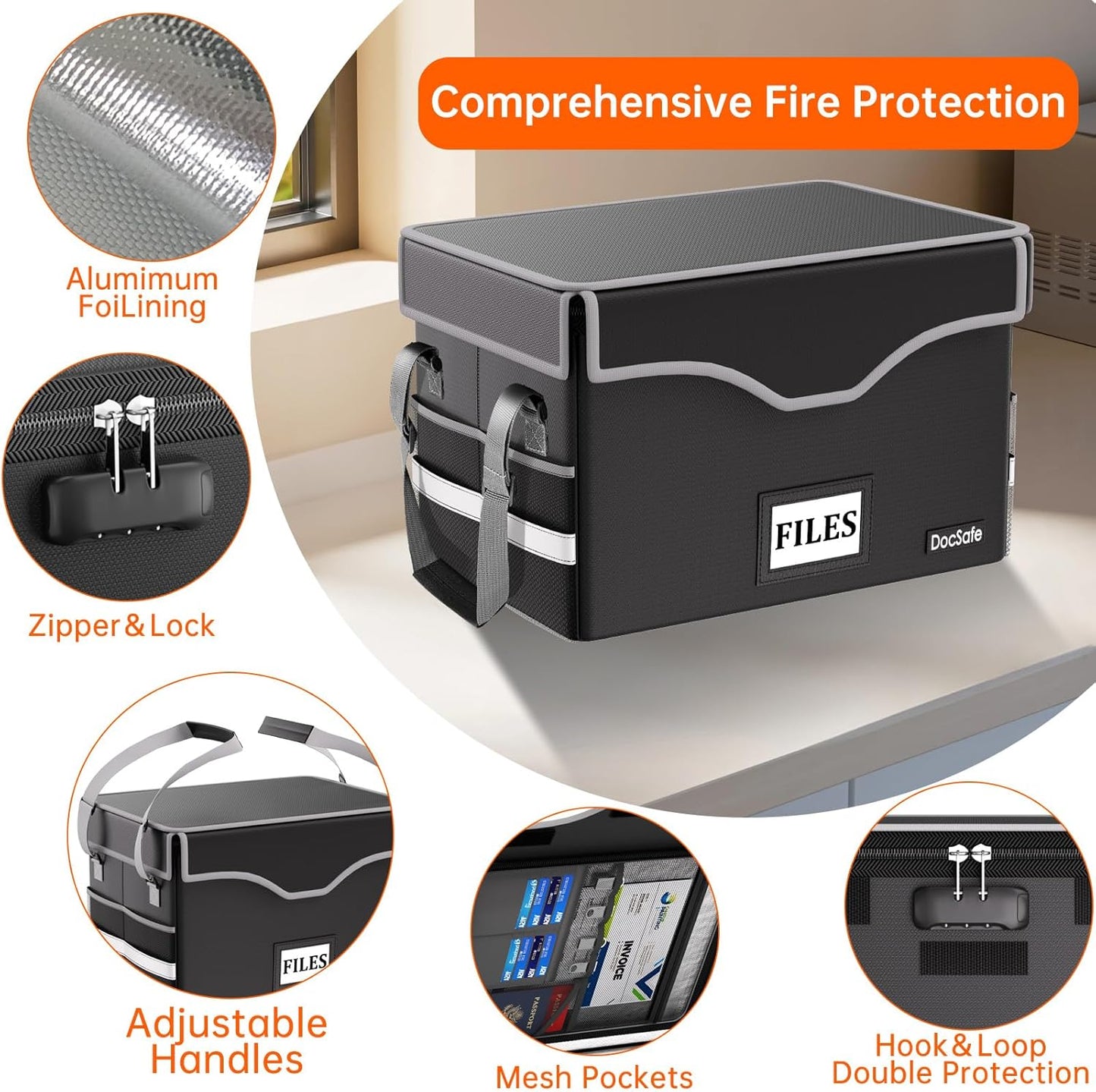 DocSafe Fireproof Document Box with Lock, File Storage Organizer with Mesh Pockets, Collapsible Portable File Box Home Office Safe Filing Cabinet with Handle for Hanging Letter/Legal Folder, Black
