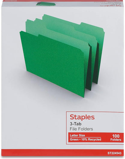 Staples File Folders, Letter Size, 1/3‑Cut Tabs, Purple, Durable 10.5‑Point Paper Stock, 100/Pack