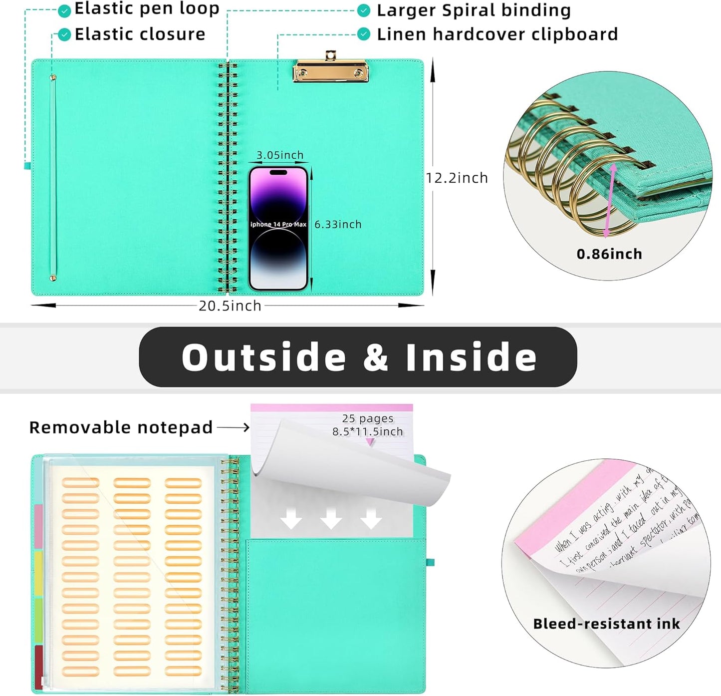 Ospelelf Foldable Spiral Clipboard Folio with Storage Zipper Pouch, 5 Plastic Folders with 10 Pockets,Refillable Lined Notepad (11" x 8.5"), Hardcover Project Organizer with 39 Stickers (Purple)