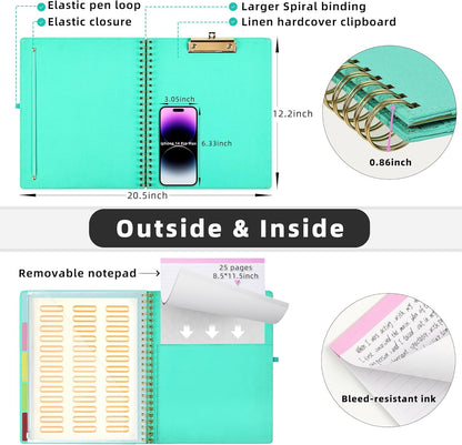 Ospelelf Foldable Spiral Clipboard Folio with Storage Zipper Pouch, 5 Plastic Folders with 10 Pockets,Refillable Lined Notepad (11" x 8.5"), Hardcover Project Organizer with 39 Stickers (Purple)