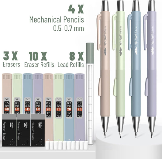 Mr. Pen- Pastel Mechanical Pencil Set with Lead Refills & Erasers, 4 Pack, 2 Sizes, 0.5 & 0.7mm, Fast Click, 6x Tubes HB & 2B Lead Refill, 3x Eraser for School Supplies, Drafting, Drawing & Sketching