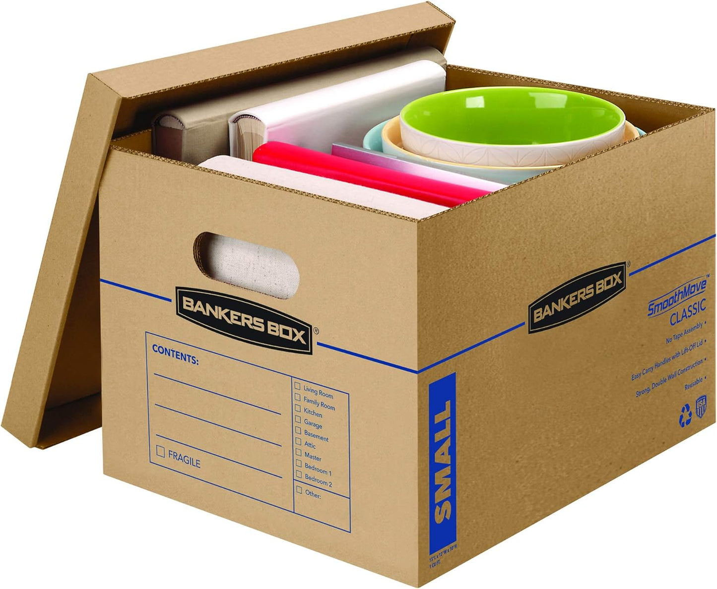 Bankers Box Small Classic Moving Box, 10-Pack, Reinforced Handles, Tape-Free Assembly, 15 x 12 x 10 Inches (7714901)
