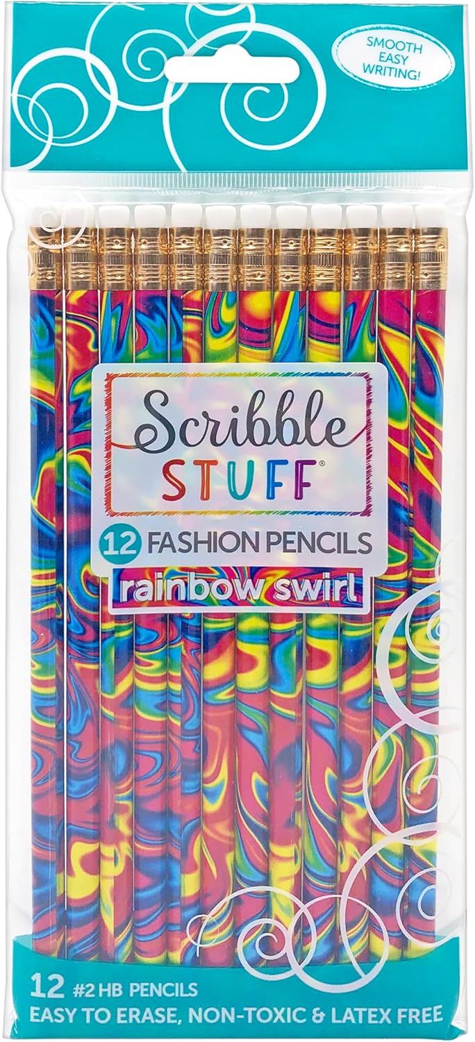 Scribble Stuff Fashion Pencil Pack, Rainbow Swirl Edition, Unsharpened, Back To School Pencils, 12 Count