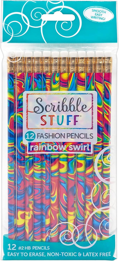 Scribble Stuff Fashion Pencil Pack, Rainbow Swirl Edition, Unsharpened, Back To School Pencils, 12 Count