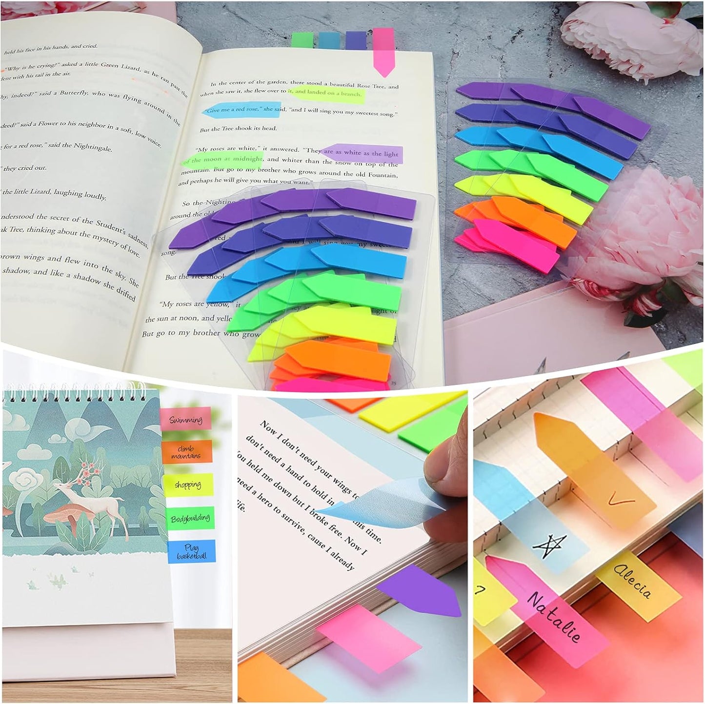 moinkerin 980 Pcs Sticky Notes Flags, 7 Color Index Tabs Index Flag Bright Colors Page Index Stickers Translucent Page Makers for Page Bookmarks