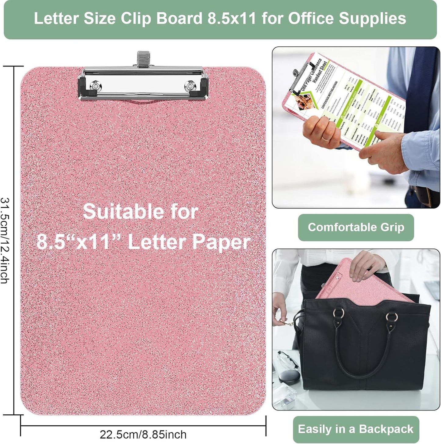 SFLHHDM 1 Pcs Clear Glitter Clipboards, Plastic Clipboard with Pen Holder, Size 8.85 x 12.4 in Shiny Clipboards with Low Profile Clip, Cute Hanging Clipboard for Office School Sparkly Clip Board-Pink