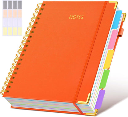 Hardcover Spiral Notebook Journal with Removable Dividers Tabs, 300 Pages Leather 5 Subject Notebook College Ruled, 8"x10" Large B5 Notebooks for Work School Note taking, Lined Journal for Women, Pink