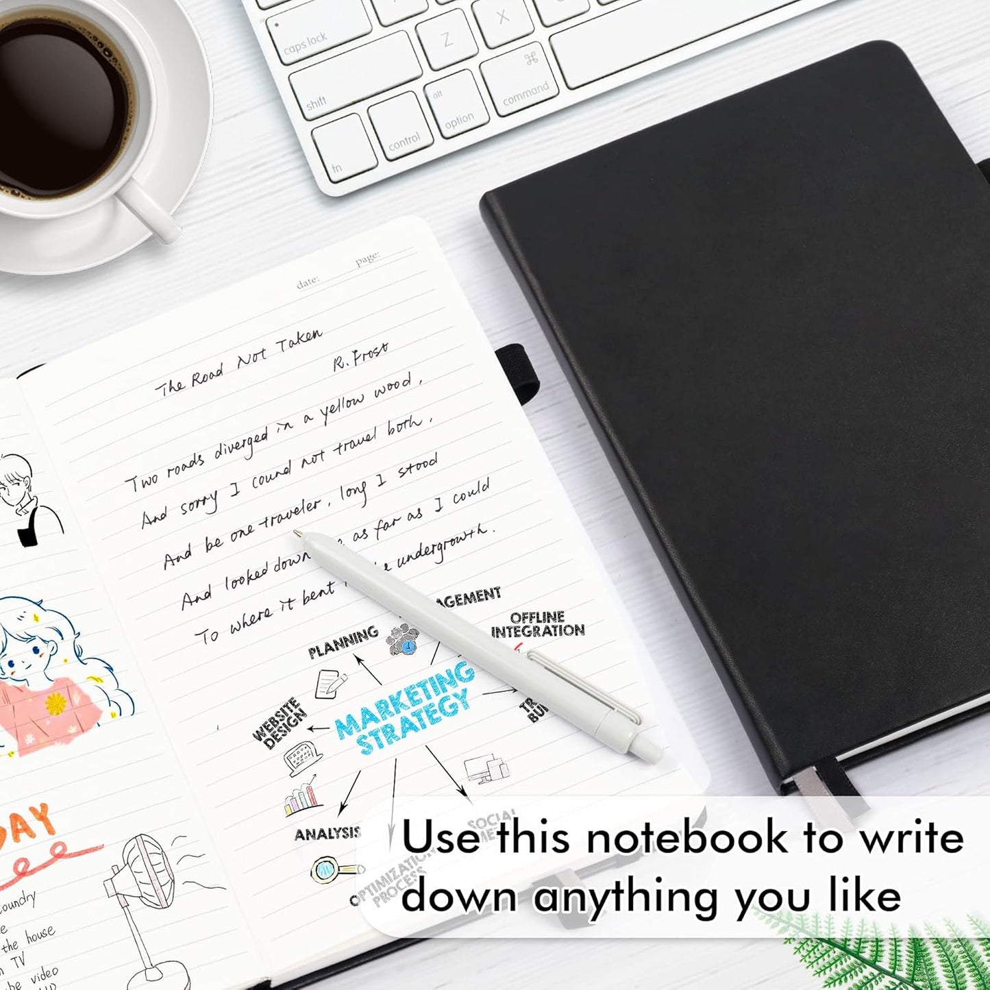 feela College Ruled Notebooks, 24 Pack Business Notebook Hardcover Lined Writing Journal with Pen Holder for Men Women Note Taking, with 24 Black Pens, 120 GSM, 5.1”x8.3”, A5, White