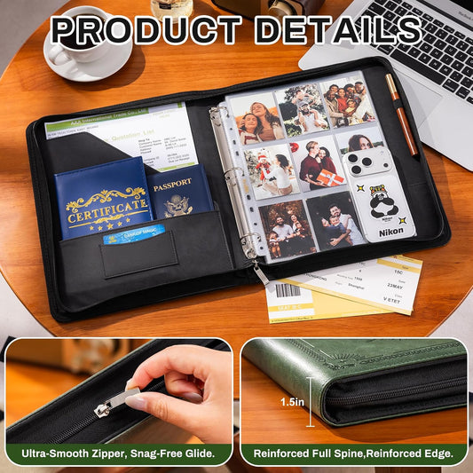 Ovesmusl 1 Inch 3 Ring Binder with Zipper, Leather Round Ring Binder Portfolio Holds 200 Sheets 8.5"x11" Letter Size Paper, Wedding Family History Notebook Cover Loose Leaf Organizer, Green Tree