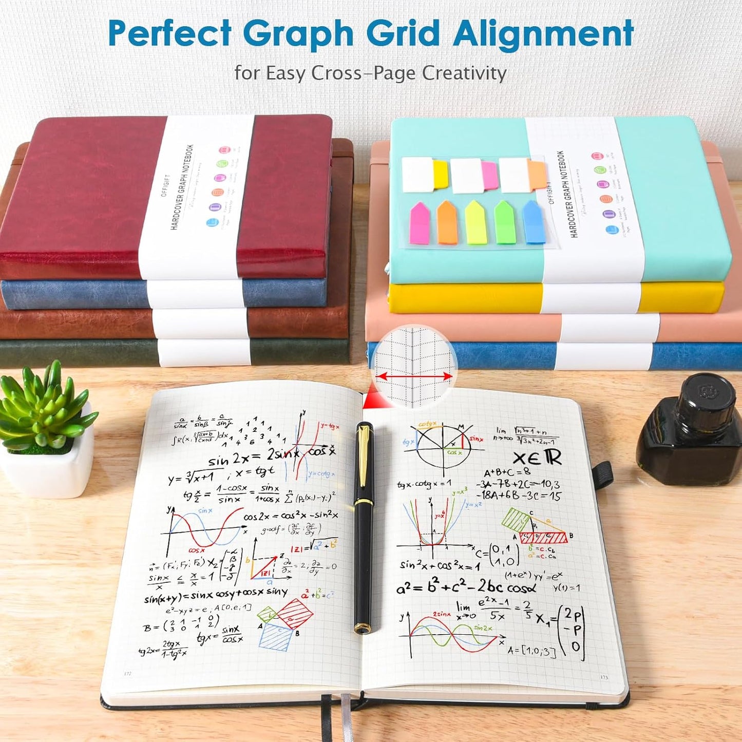 Graph Paper Notebook, 312 Numbered Pages B5 Hardcover Leather Journal, 100gsm No Bleed Grid Paper Notebook with Index Pages, Grid Notebook for Graphing Notes Math, 7.6'' X 10'', Black