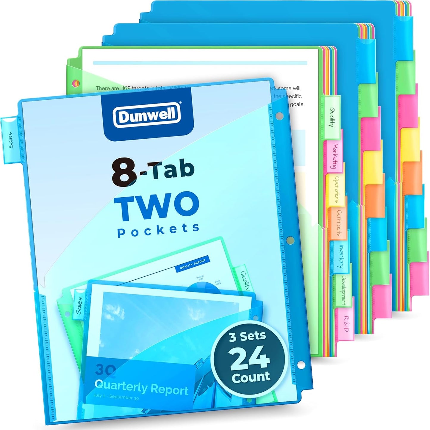 Dunwell 8-Tab Dividers with Pocket for 3-Ring Binders (3 Sets, 24 Count), Plastic One Pocket Dividers with Tabs, Slash File Jackets 3 Hole Punched for 8.5x11 Paper, Poly Pocket Notebook Dividers