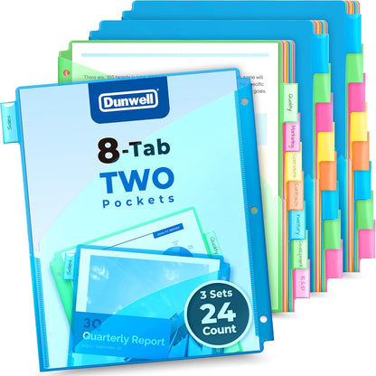 Dunwell 8-Tab Dividers with Pocket for 3-Ring Binders (3 Sets, 24 Count), Plastic One Pocket Dividers with Tabs, Slash File Jackets 3 Hole Punched for 8.5x11 Paper, Poly Pocket Notebook Dividers