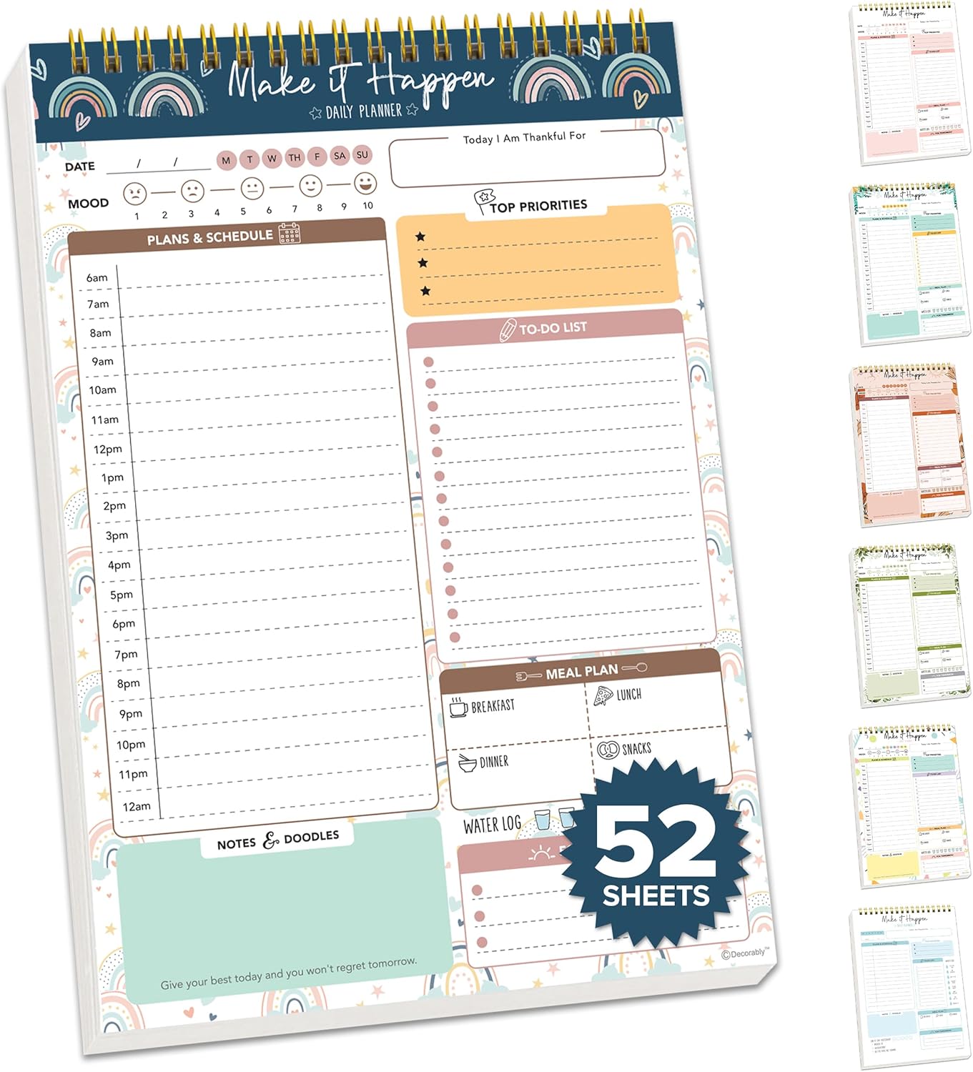 Decorably 52 Sheets Boho Celestial Undated Daily to Do List Notepad - 6.5x10" Spring-Bound Planner, Easy Tear-Off, for Schedule, Priorities, Agenda, Water Intake, Meals, Notes & Doodles - Home, Office