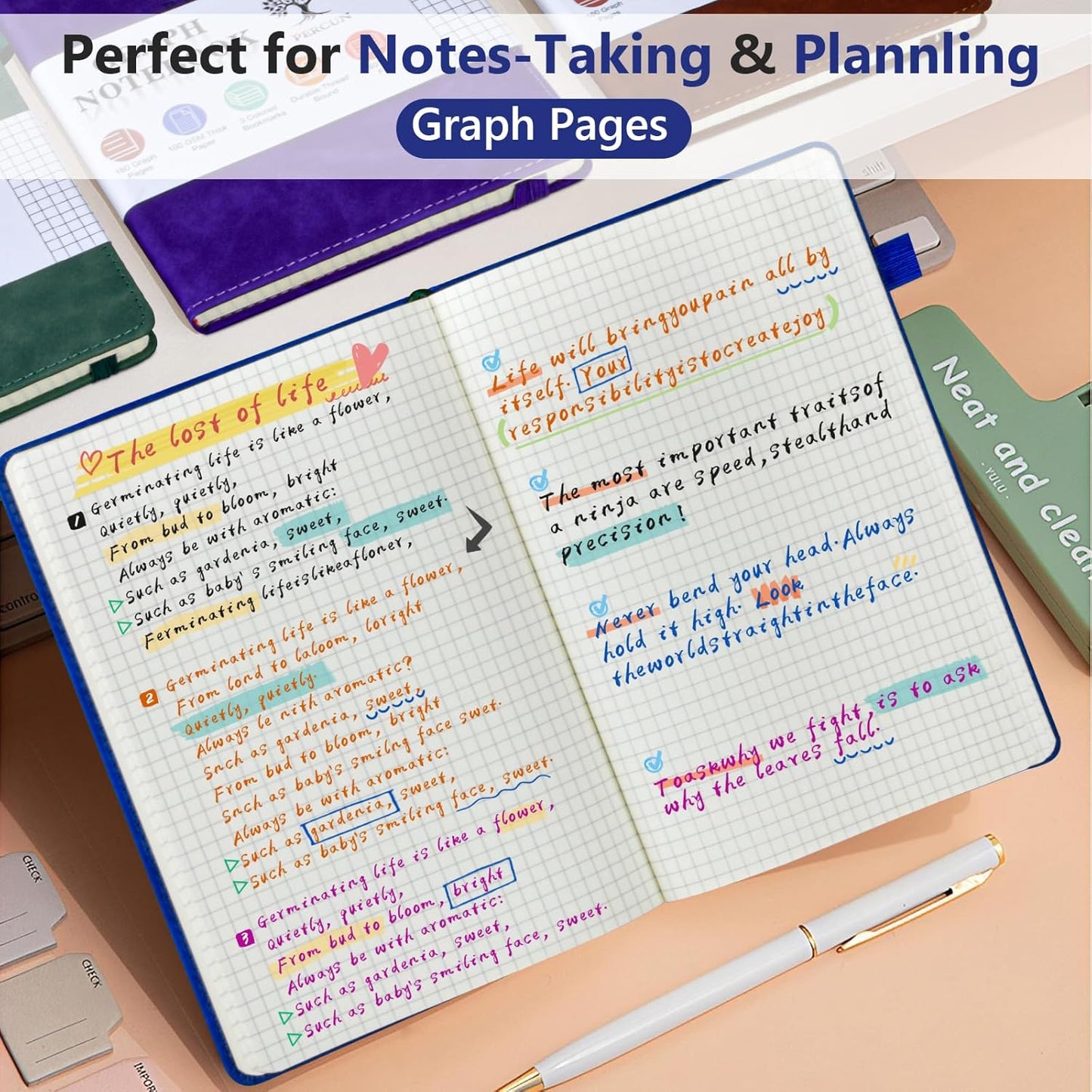 PERCUN Graph Paper Notebook, 160 Pages Grid Journal for women & men, A5 Hardcover Leather Graphing Notebook for School, Work, Travel, Note Taking 5.9”x8.5” (Black)