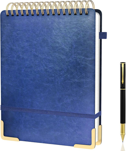 A5 Top Spiral Notebook, Large Leather Hardcover Top Bound Steno Pads, 240 Pages 100 gsm Thick Lined Paper Left Handed Notebook Journal for Work, School, Meeting Writing - Brown, 5.9" x 8.5"