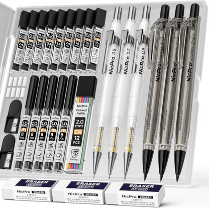 Nicpro 6PCS Art Mechanical Pencil Set, 4PCS Drafting Pencils 0.3 & 0.5 & 0.7 & 0.9 mm & 2PCS 2mm Lead Holder (4B 2B HB 2H) For Writing, Sketching Drawing With 12 Tube Lead Refills Erasers Case