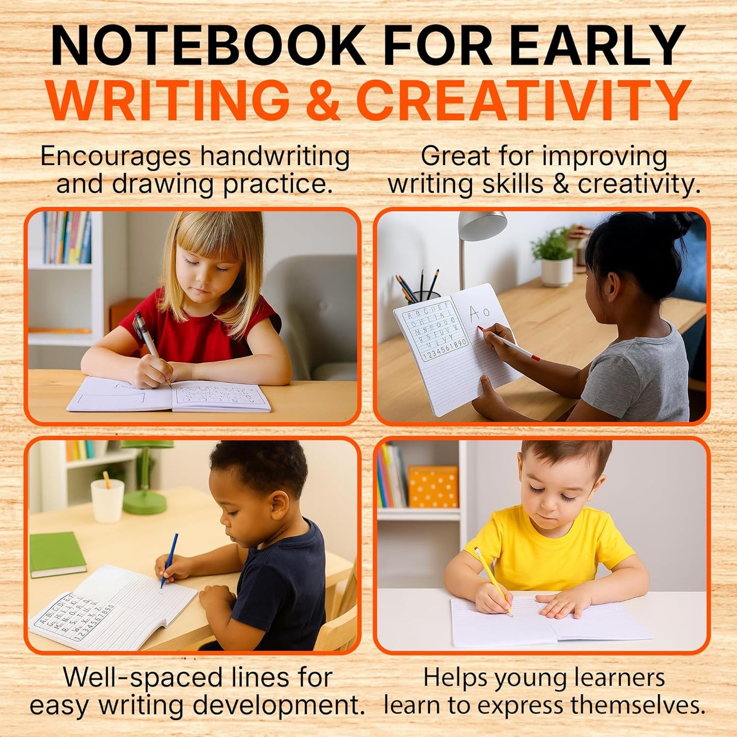 Mintra Primary Composition Notebook, 4 Pack, Assorted Colors 80 Sheets, 7.5in x 9.75in, 1/2 Sheet, Ruled with Drawing Area, Flexible Hardcover Journal, Grades K-2, School & Home Use