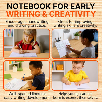 Mintra Primary Composition Notebook, 4 Pack, Assorted Colors 80 Sheets, 7.5in x 9.75in, 1/2 Sheet, Ruled with Drawing Area, Flexible Hardcover Journal, Grades K-2, School & Home Use