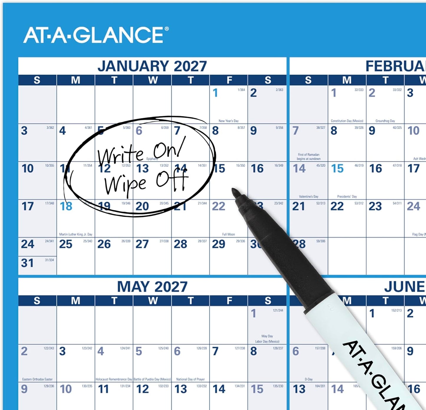 AT-A-GLANCE Dry Erase Calendar 2026-2027 Academic & Regular Year Wall Planner, 12-Month, 24" x 36", Double Sided, Vertical (PM210S28)