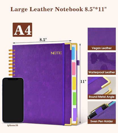 Hardcover Large Spiral Notebook 8.5" x 11" with Removable Dividers Tabs, 300 pages Leather 5 Subject Notebook College Ruled, A4 Journal for Women Men, Notebooks for Work School Note taking,Black