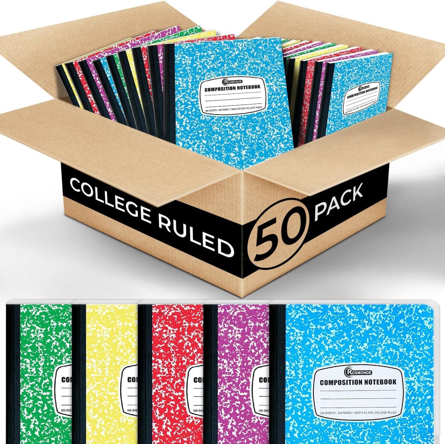 Rosmonde 50 Pack Bulk Composition Notebooks, College Ruled Notebook, 200 Pages (100 Sheets), 9-3/4 x 7-1/2", Hard Cover, Black Marble Composition Journal Book, Bulk Notebooks for School & College