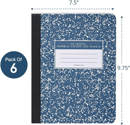 ROARING SPRING Hard Cover Composition Notebook, 4 Pack, Blue Marble Comp Book, 9.75″ x 7.5″, Unruled Blank Paper, 100 Sheets (200 Pages), Made in USA