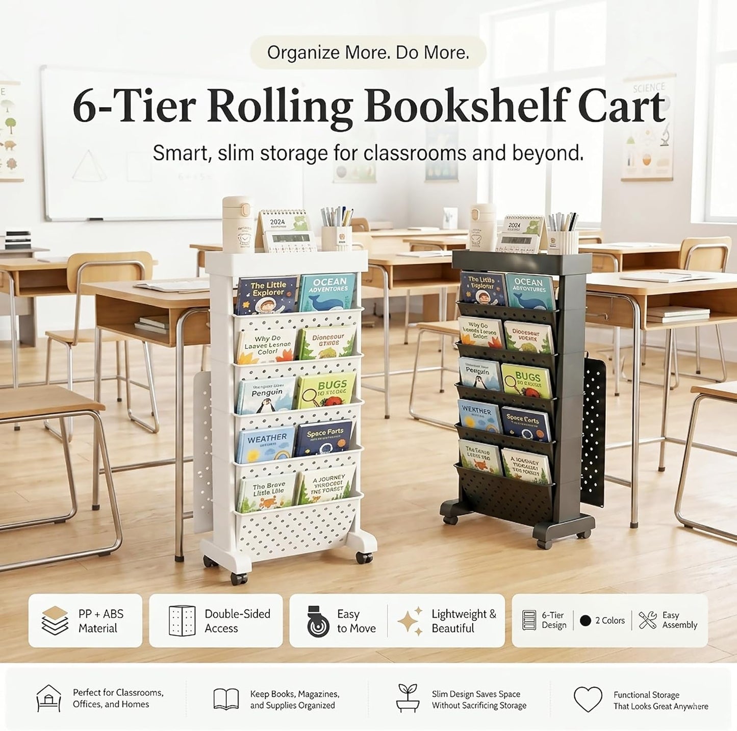BYFU 6-Tier Movable Bookshelf Cart, Rolling File Storage Paper Organizer Mobile Bookcase with Wheels for Home Office Study Classroom, Black
