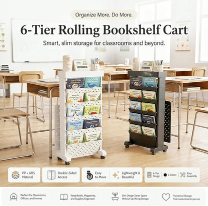 BYFU 6-Tier Movable Bookshelf Cart, Rolling File Storage Paper Organizer Mobile Bookcase with Wheels for Home Office Study Classroom, Black