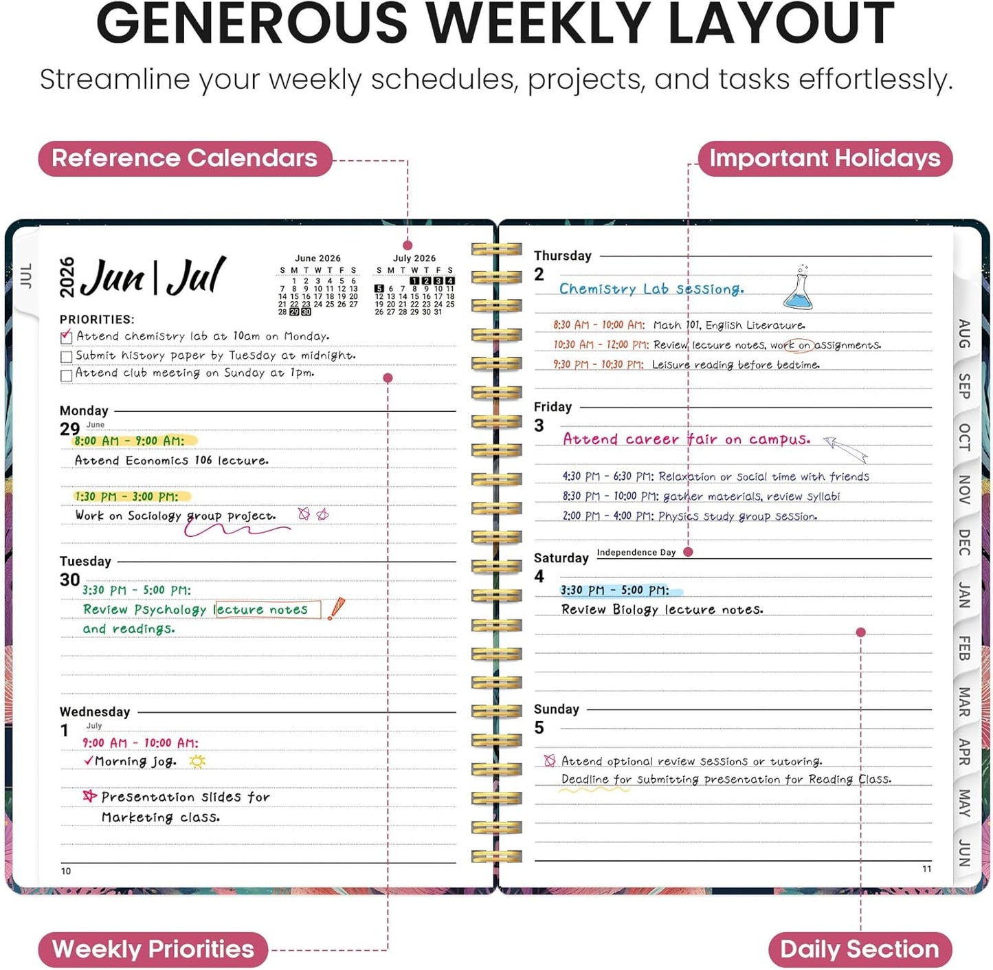 Planner 2026-2027, Academic Year Monthly and Weekly Calendar Planner, Jul 2026 - Jun 2027, Hardcover Teacher Student Planning Agenda book with Tabs, Perfect for School Office Supplies, 6.3" x 8.5" - Wildflowers