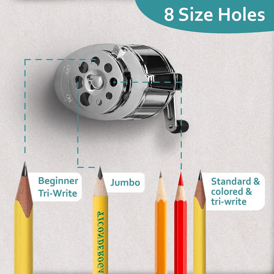 Pencil Sharpener Manual, Desktop Manual Pencil Sharpeners - Desktop and Wall Mount Pencil Sharpeners Heavy Duty, Silver 8 Sizes Holes, Metal Hand Crank Pencils Sharpener for Classroom