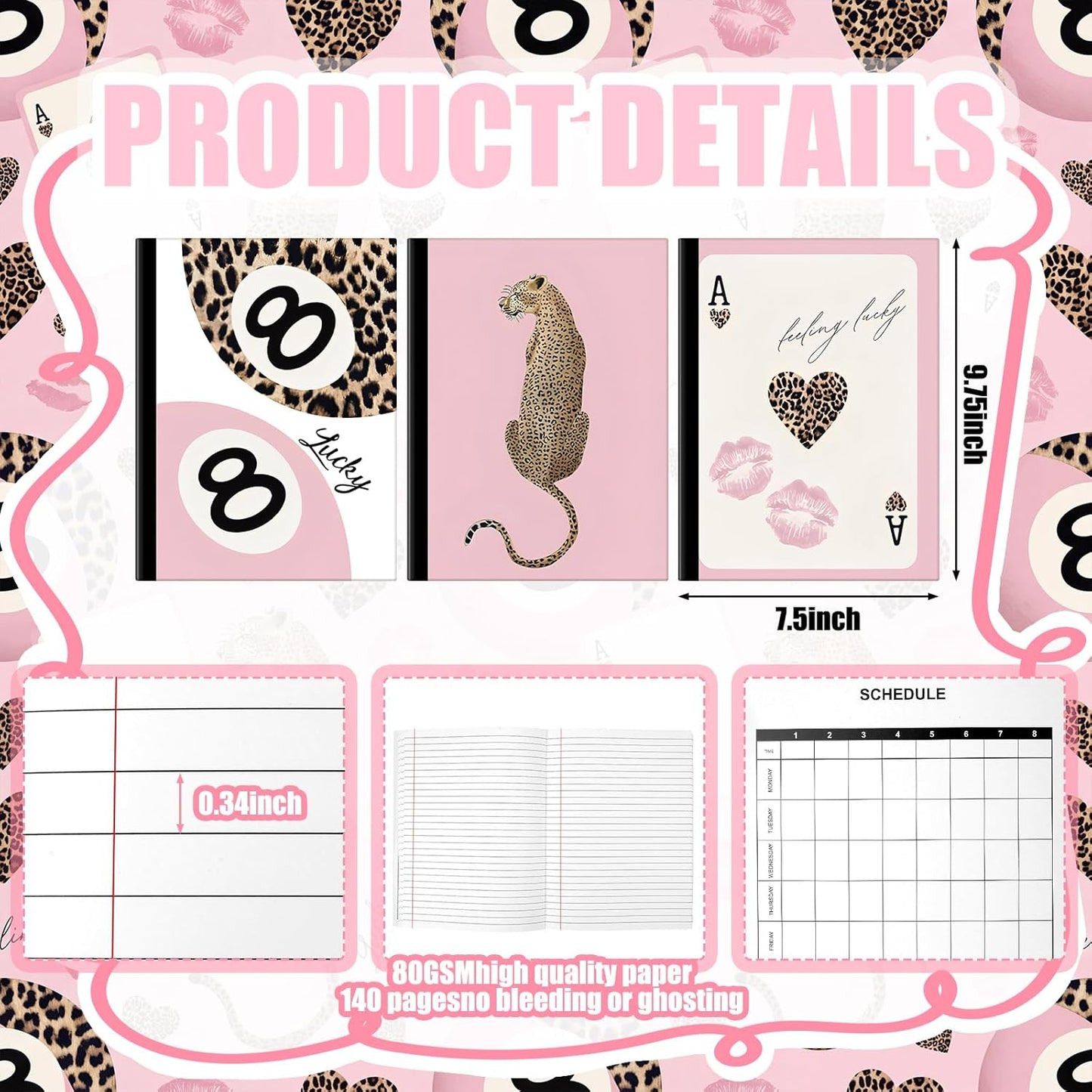 Resurhang 3 Pack Preppy Pink Cheetah Composition Notebooks 140 Pages of Cheetah Trendy Y2k College Ruled Composition Notebook 7-1/2" x 9-3/4" 80gsm Paper with Sturdy Cover Stock Leopard Print