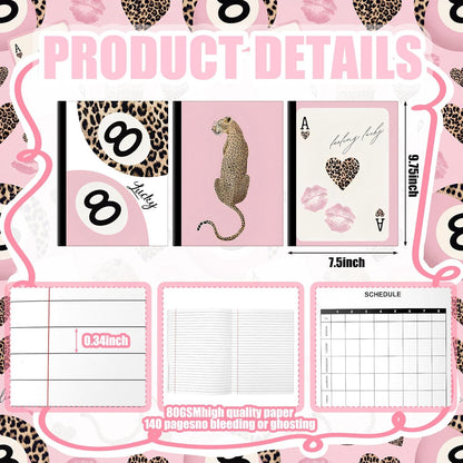 Resurhang 3 Pack Preppy Pink Cheetah Composition Notebooks 140 Pages of Cheetah Trendy Y2k College Ruled Composition Notebook 7-1/2" x 9-3/4" 80gsm Paper with Sturdy Cover Stock Leopard Print