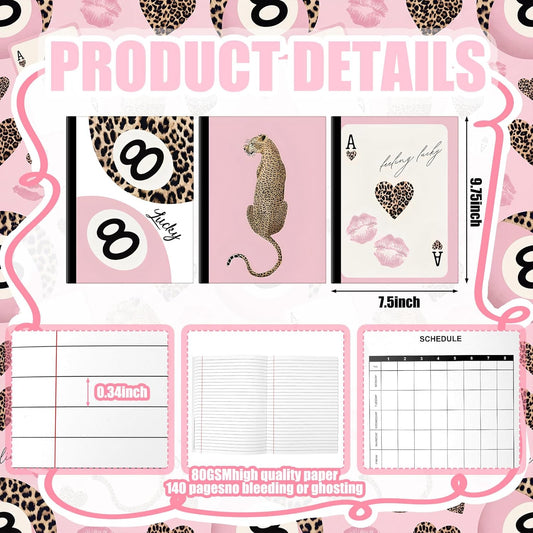 Resurhang 3 Pack Preppy Pink Cheetah Composition Notebooks 140 Pages of Cheetah Trendy Y2k College Ruled Composition Notebook 7-1/2" x 9-3/4" 80gsm Paper with Sturdy Cover Stock Leopard Print