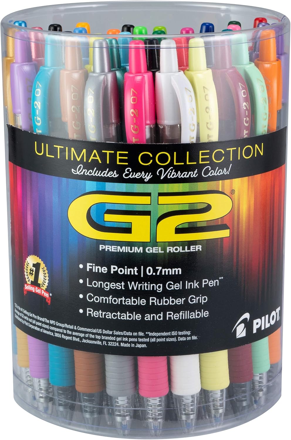 Pilot G2 Premium Gel Roller Pens, Fine Point 0.7 mm Assorted Colors, Tub of 36