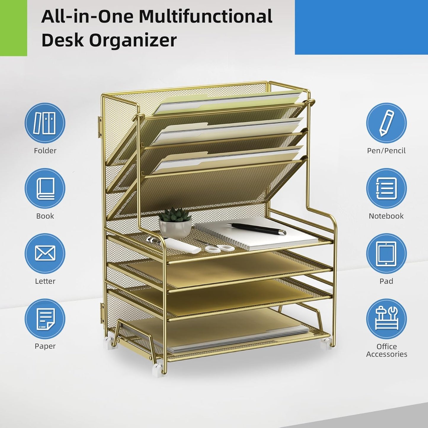 MINDEPOT 4-Tier Paper Organizer + 3-Pocket File Holder + Drawer + Pen Holders, Desktop File Organizers Paper Tray for Office Supplies School Classroom Organization (Black, No Drawer & Pen Holder)