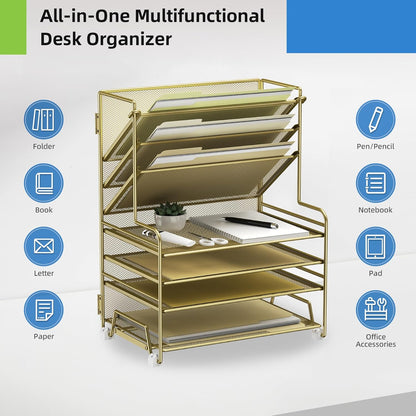 MINDEPOT 4-Tier Paper Organizer + 3-Pocket File Holder + Drawer + Pen Holders, Desktop File Organizers Paper Tray for Office Supplies School Classroom Organization (Black, No Drawer & Pen Holder)