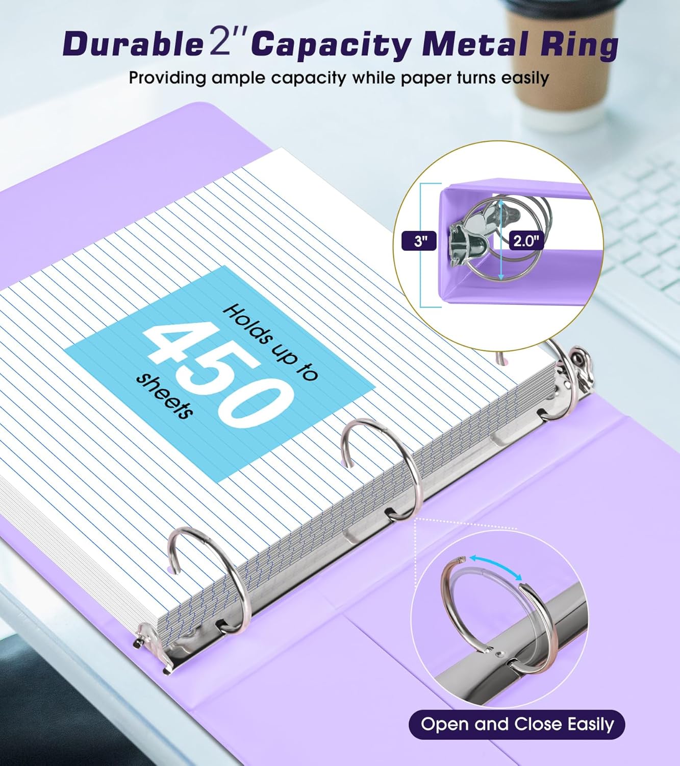 3 Ring Binder 1.5 inch，Cute Binder Organizer with 5 Tab Dividers Fits 175 Sheets of 8.5x11 Paper,Customizable Clear Cover with Inside Pockets,Aesthetic 1.5" Three Ring Binders for School Office,Purple