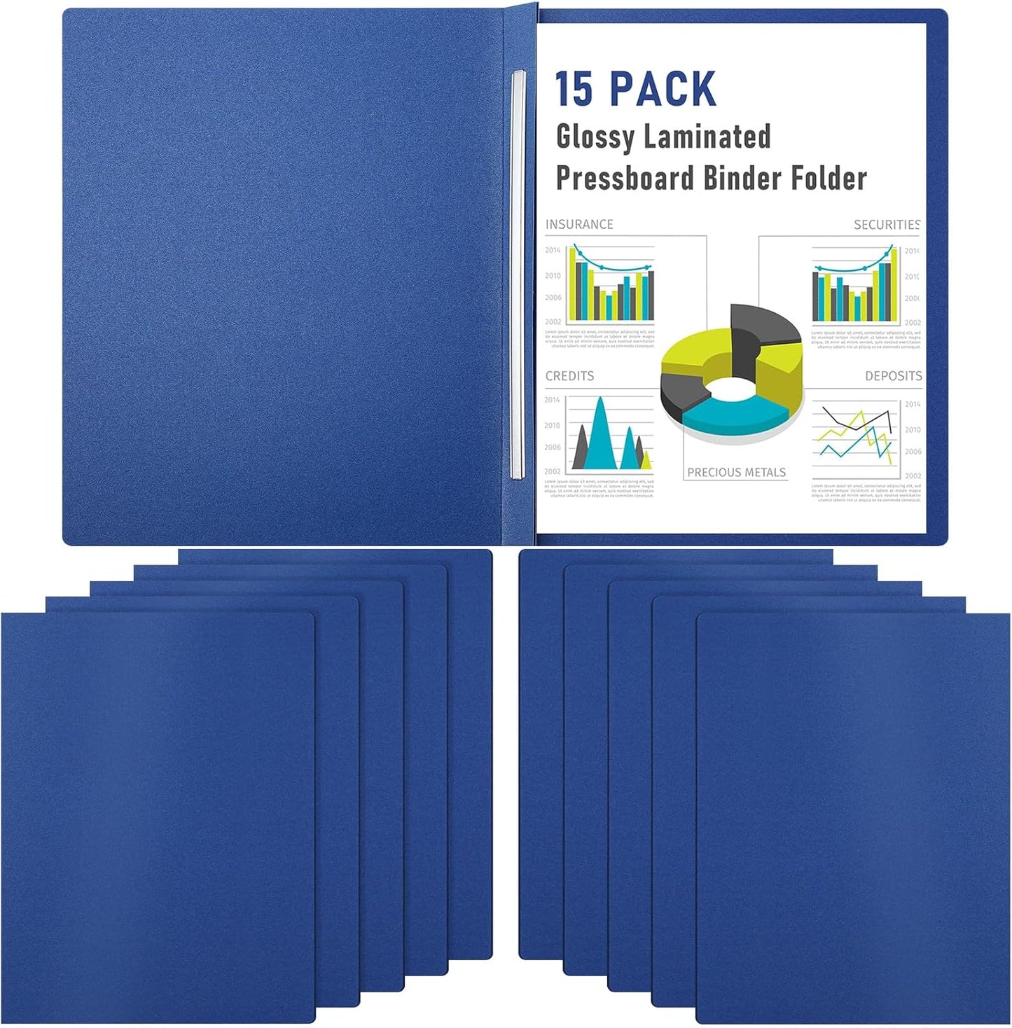 Resurhang 15 Pack 8. 5 x 11 Blue Pressboard Report Covers, Letter Size Paper Folders with Metal Prong Fastener, 3'' Capacity Glossy File Documents Presentation Binder Portfolios Holders