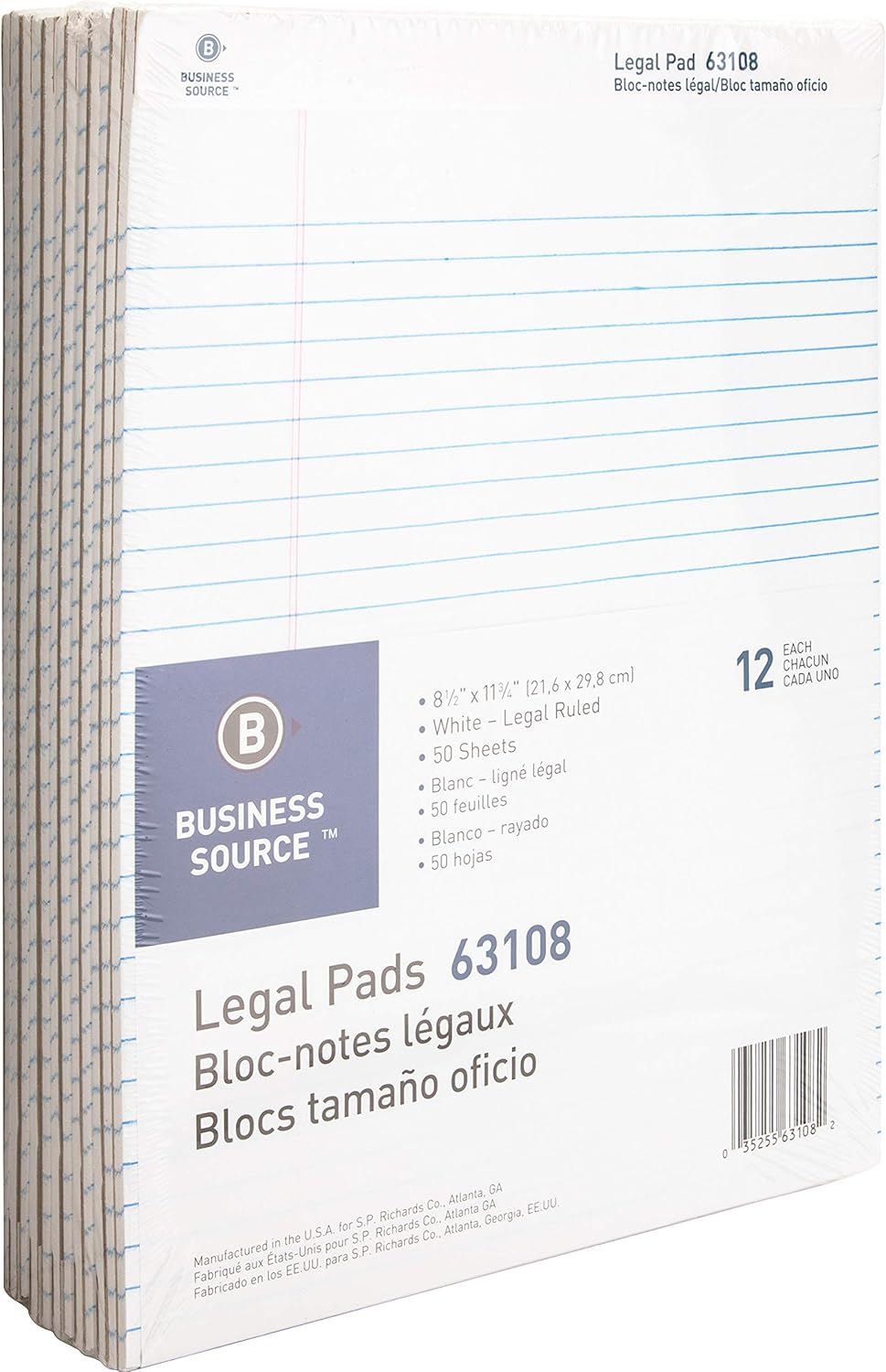 Business Source Micro-Perforated Legal Ruled Pads, Canary Paper, 8-1/2"x11-3/4" (63105) - Pack of 12