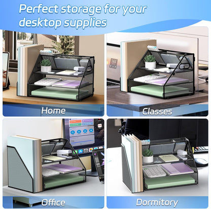 Docnest 5 Tier Letter Tray with Hanging File Organizer-Mesh Desk Organizer-Desktop Storage Box Built in Pen Holder and Handles, File Folder Holder for Mail Documents Office Supplies-Black
