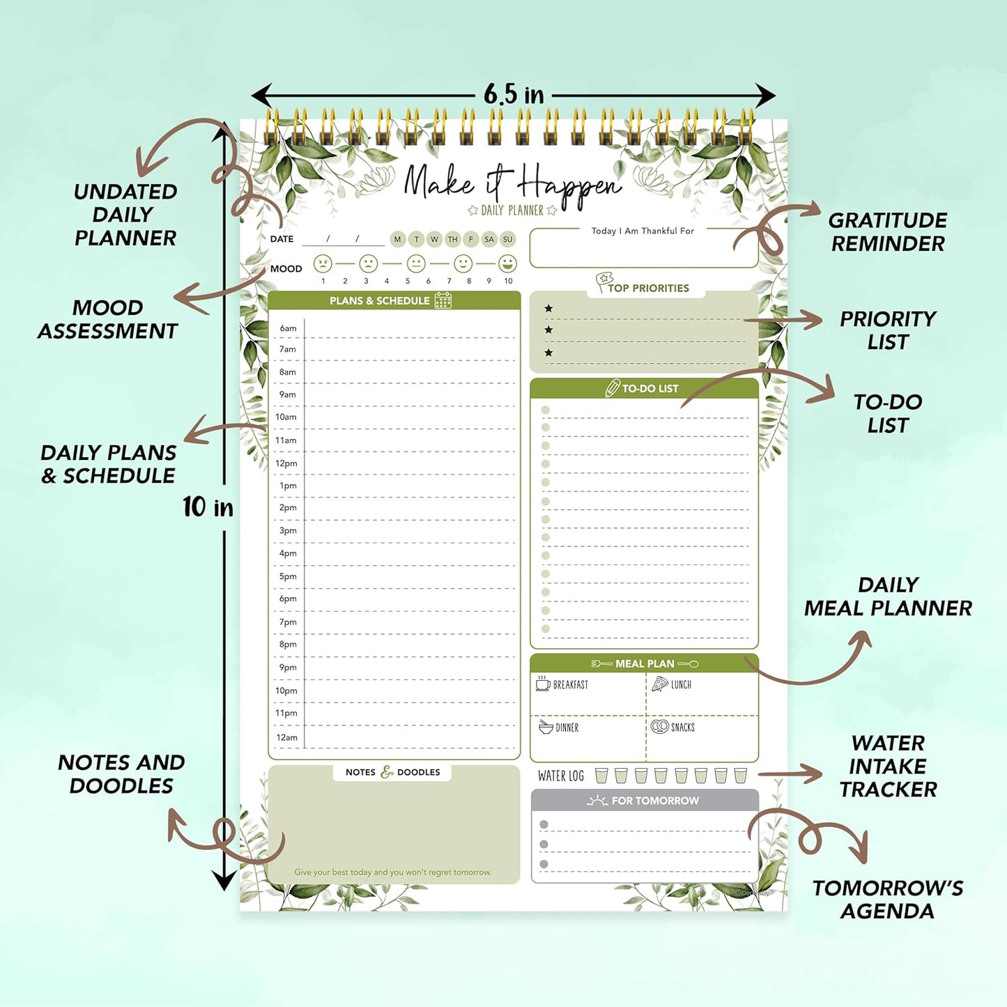 Decorably 52 Sheets Boho Celestial Undated Daily to Do List Notepad - 6.5x10" Spring-Bound Planner, Easy Tear-Off, for Schedule, Priorities, Agenda, Water Intake, Meals, Notes & Doodles - Home, Office