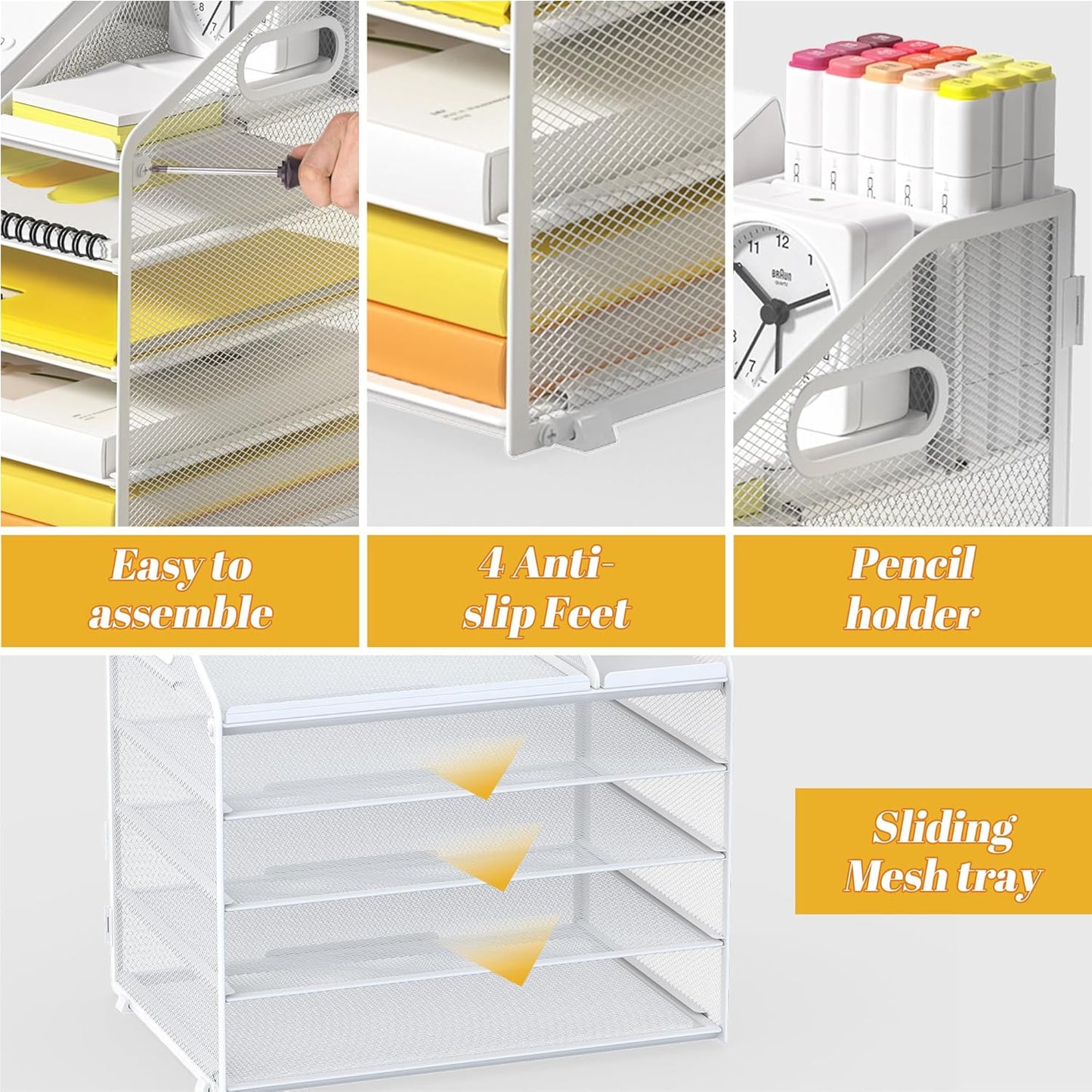 Letter Tray Paper, 4 Tier Desk Organizer with Pen Holder and Handle Mesh File Organizer Paper Sorter Metal Desktop Document Shelf for Office Home Classroom -Black