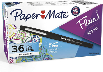 Paper Mate Flair Felt Tip Pens, Medium Point (0.7mm), Black, 36 Count - Office Supplies