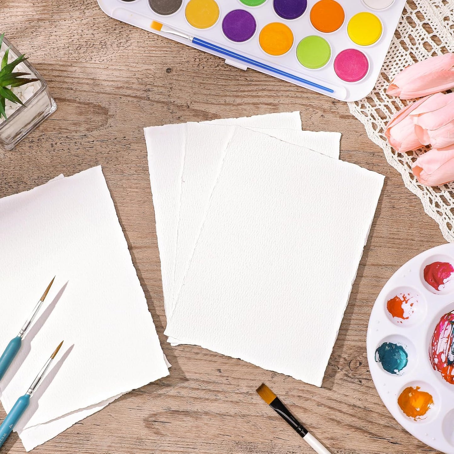 Prudiut 25 Sheets Cotton Watercolor Paper, 300 GSM Deckled Edge, 5 x 7 inch, Rough/Textured, White, for Watercolors, Wedding Invitations, Cards, Crafts