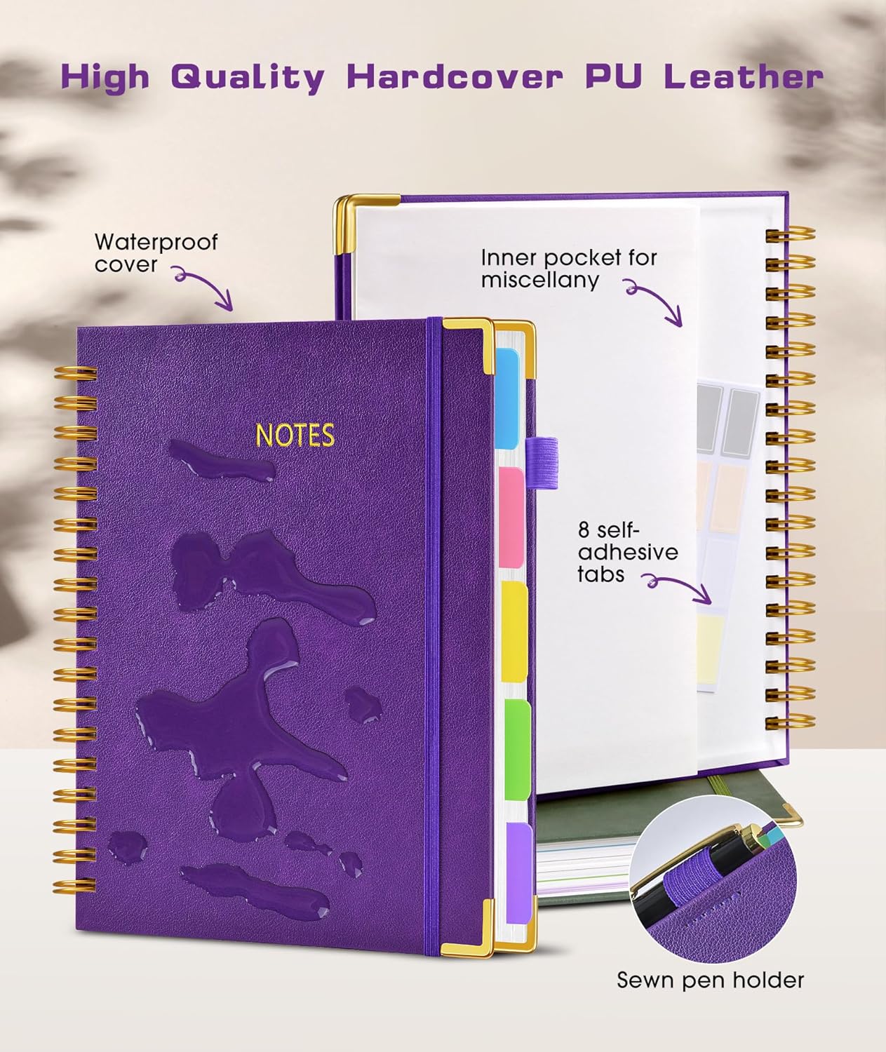 Hardcover Spiral Notebook Journal with Removable Dividers Tabs, 300 Pages Leather 5 Subject Notebook College Ruled, 8"x10" Large B5 Notebooks for Work School Note taking, Lined Journal for Women, Pink