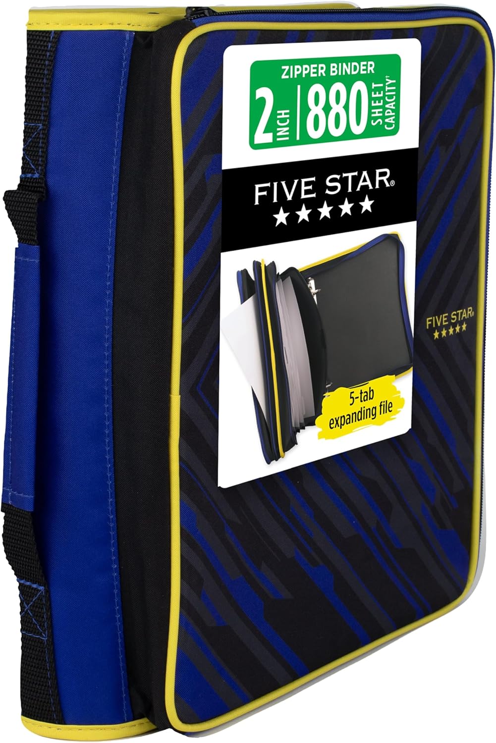 Five Star Zipper Binder, 2 Inch 3-Ring Binder with Round Rings, 5-Tab Expanding File, 380 Sheet Capacity, Black (72536)