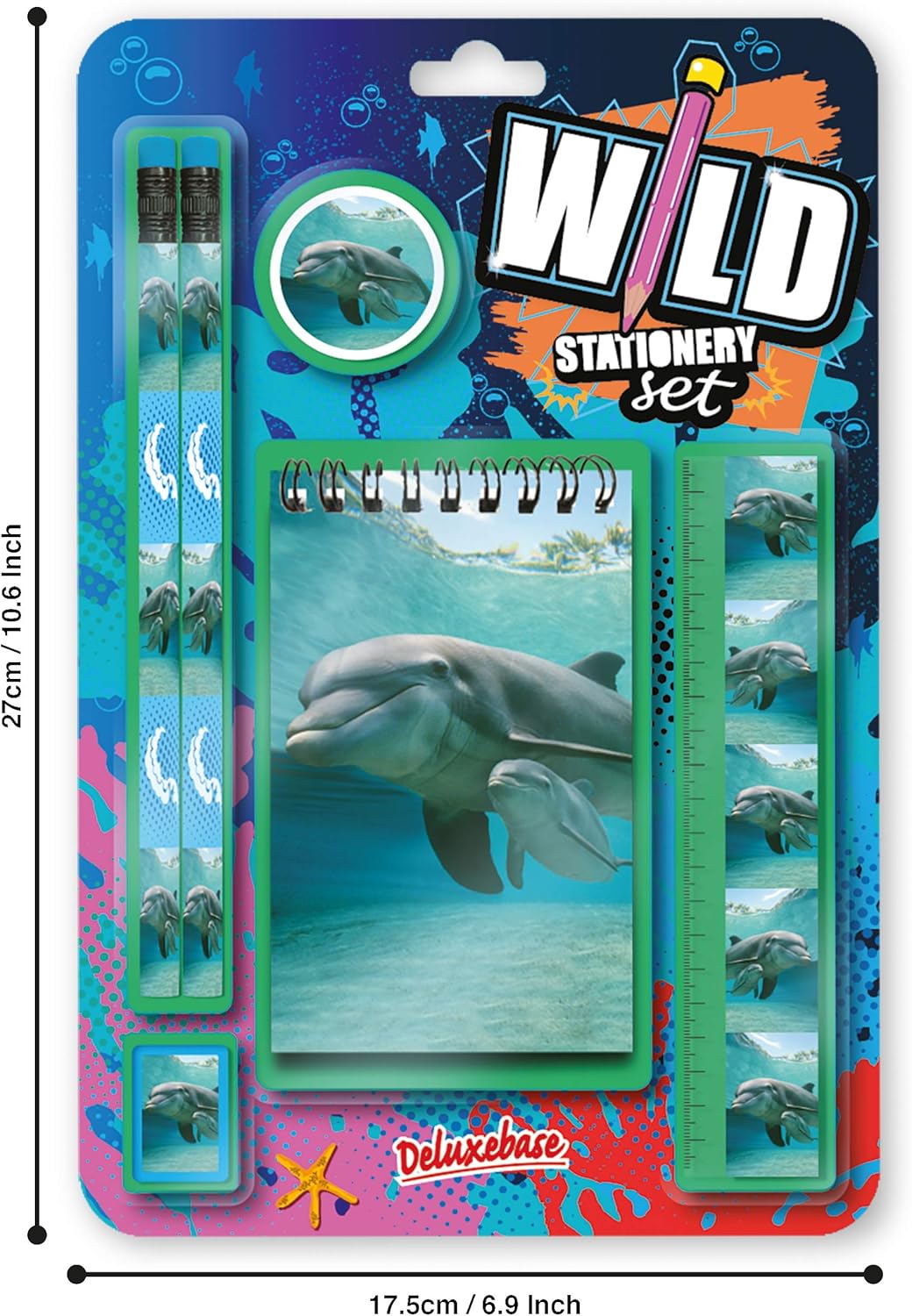 Deluxebase Wild Stationery Set - Dolphin from Animal Stationery Sets with 2 Pencils, Eraser, Pencil Sharpener, Ruler & Cute Notebook. Ideal Office Supplies, Desk Accessories & College Essentials.