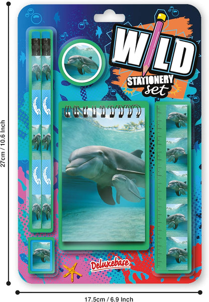Deluxebase Wild Stationery Set - Dolphin from Animal Stationery Sets with 2 Pencils, Eraser, Pencil Sharpener, Ruler & Cute Notebook. Ideal Office Supplies, Desk Accessories & College Essentials.