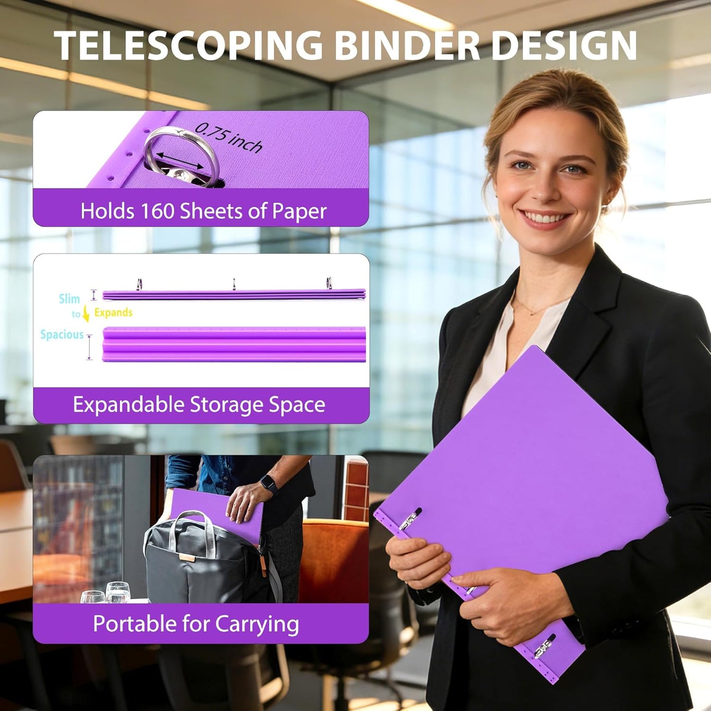 WOT I 1 Inch Telescoping 3 Ring Binder 4 Pack, Expandable Flexible Binder with Customizable Front Cover & Clear Catalog Pocket, Holds 225 Sheets, School Office Supplies, White