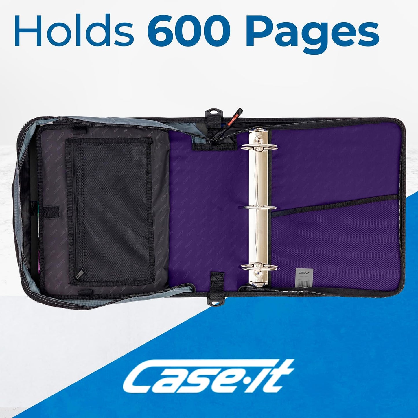 Case-it Mighty Zip Tab School Zipper Binder | 3-Inch O-Rings, 600-Sheet Capacity, 5-Subject Expanding File Folder, Multiple Pockets & Storage Organizer, Shoulder Strap | D-146 Jet Black